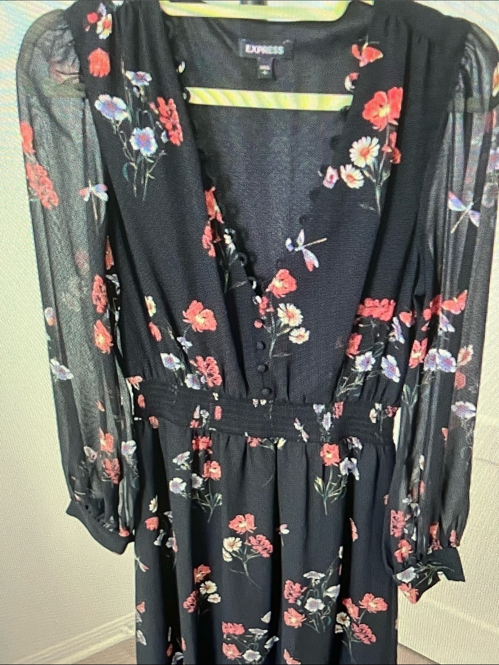 Express Black Floral Long-Sleeve V-Neck Dress